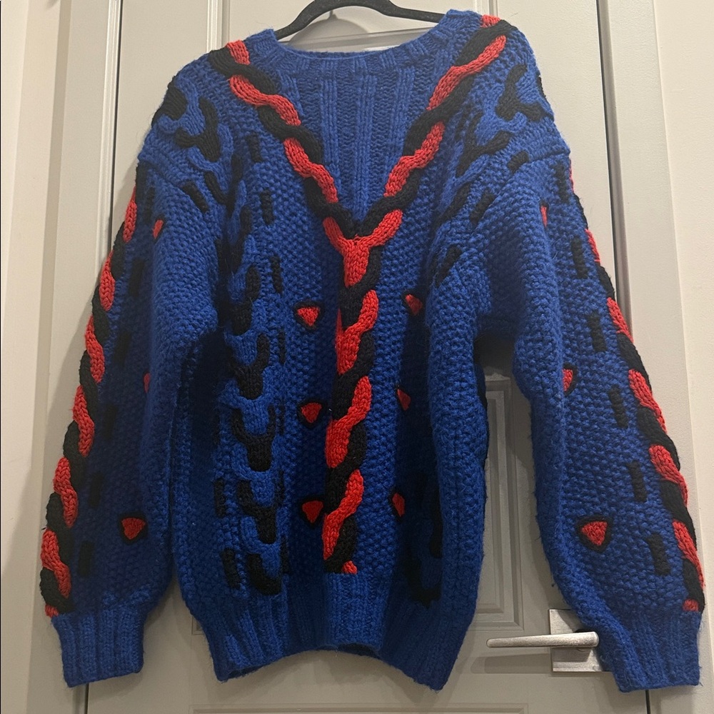 Vibrant Blue Knit Sweater with Red and Black Accents Over Size M